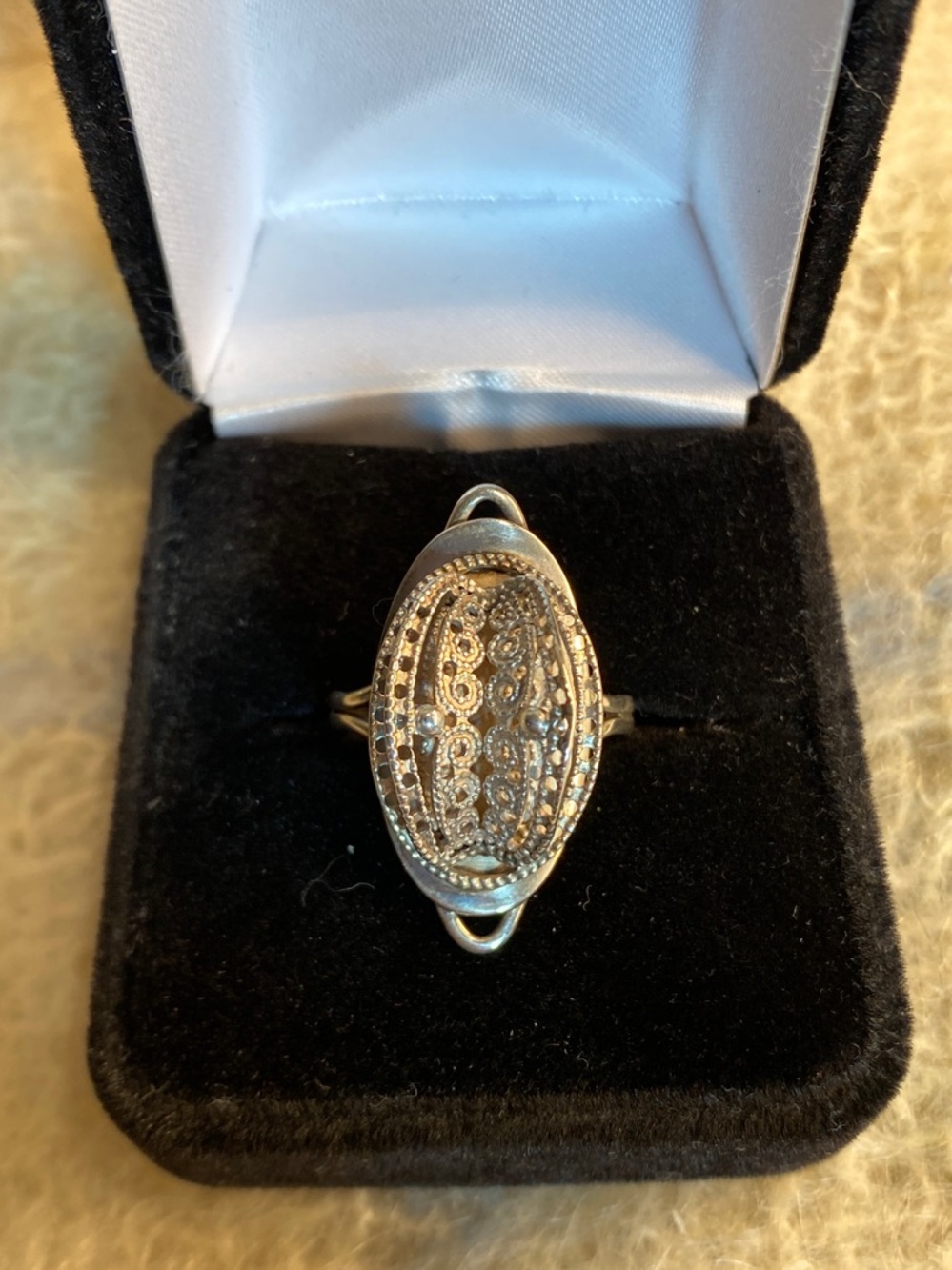 Vintage Sterling Silver Filigree Navette Ring Adjustable Size Statement 4.2g